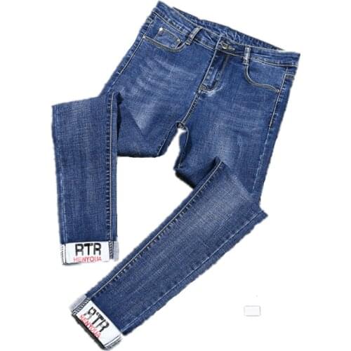 Plus Size 5XL Women Cuffs Jeans Print Letter High Waist Casual Ankle Length Pants Blue Gray Denim Trousers Femme