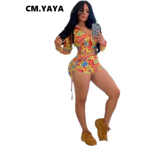 2020 Summer Women Sets Hooded Print Crop Tops+Shorts Suits Sexy Two Piece Set Night Club Tracksuits Street Outfits Street GL8108