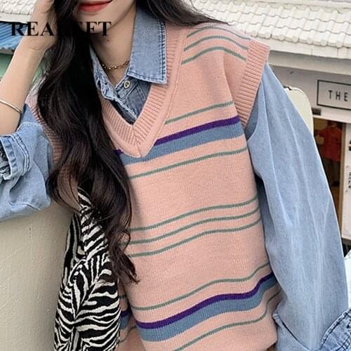REALEFT 2021 New Autumn Winter Loose V-neck Stripe Womens Vest Korean Style Sleeveless Casual Knitted Sweaters Tops for Lady