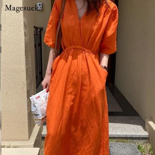 2021 French Summer Women Holiday Wind Dress Solid Cotton V-neck Pockets Dress for Women Casual Loose Orange Dress Vestido 15188