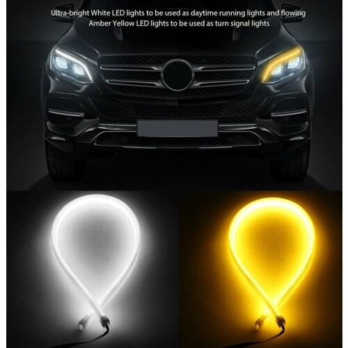 2 Pcs Car LED DRL Light Daytime Running LightsTube Amber Sequential Flowing Turn Signal Headlights Brake Flow Lights 60cm