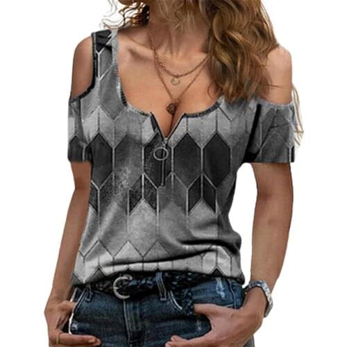 50% Hot Sell Sexy Women T-shirt Cold Shoulder Short Sleeve Geometric Print Zipper V Neck Blouse Top for Summer