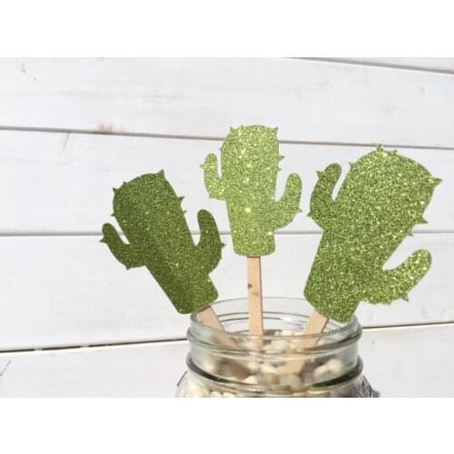 GLITTER cupcake toppers green cactus wedding baby shower birthday decorations food picks party supplies