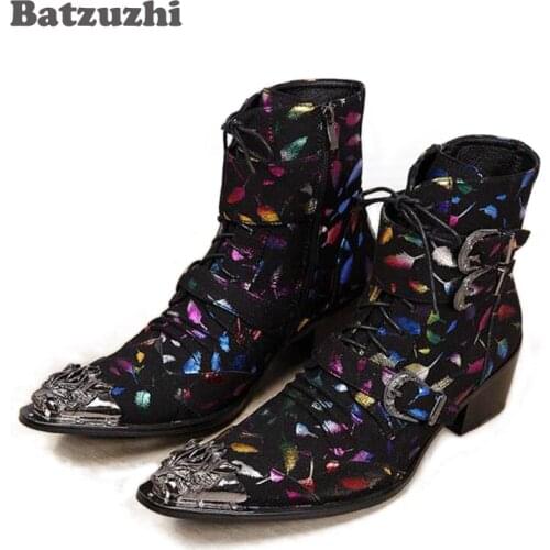Batzuzhi Western Rock Fashion Men Boots Mid-Calf Motocycle Boots Men Stylist Pointed Iron Toe Black Suede Leather Boots Men, 46