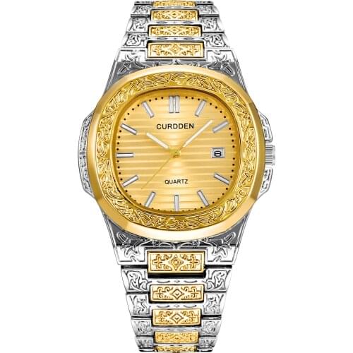 CURDDEN Brand Watches Mens Luxury Full Steel Calendar Business Watch Men Carved Gold Watch With Box Relojes Lujo Marcas Men 2020