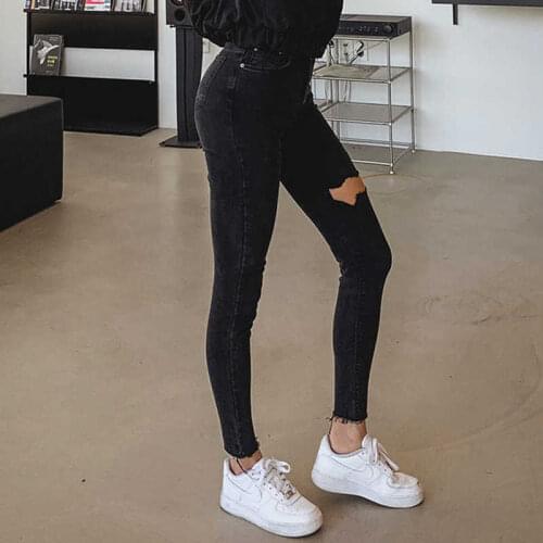 Jeans Women Black Ripped Pencil Pants Stretchable Holes Skinny Streetwear Stylish Female High Waist Denim Trousers