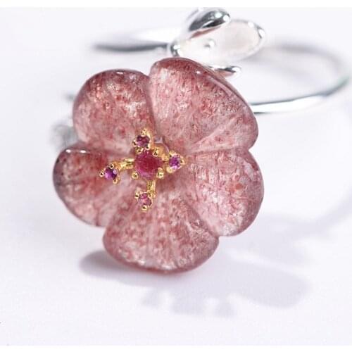 FNJ Flower Rings 925 Silver Adjustable Size Popular S925 Solid Silver Ring for Women Jewelry Fine strawberry quartz