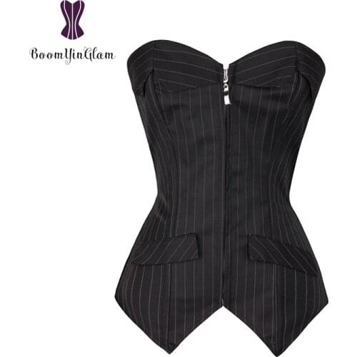 Front Zipper Pinstriped Office Corselet Clubwear Costume Sexy Bustier White Collar Ladies Corset With Mini Skirt 801