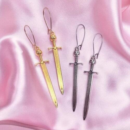 Cat sword earrings silver colour or gold plated dangle Broadsword Long Weapon pendant Fantasy jewelry women men gift 2020 new