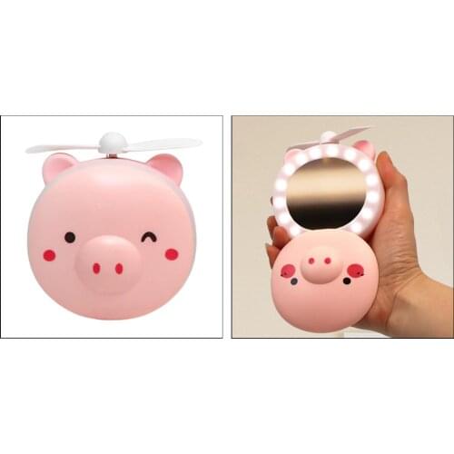 3in1 Cartoon Pig Shape Mini Makeup Mirror Fan Light Hand Held General Purpose USB Rechargeable