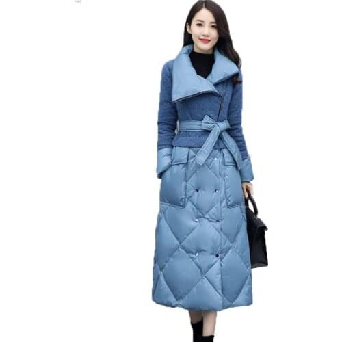 2021 Winter Parka Women Freedom Oversized Warm Fluffy Down Jacket Coat Female over the knee Longer Sheep Fur Stitching overcoat