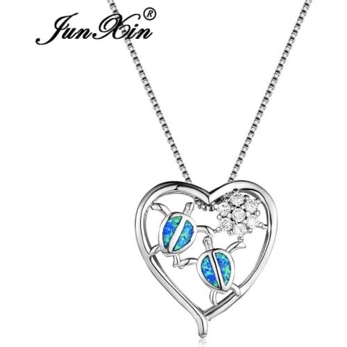 JUNXIN Double Turtle Pendant Blue White Fire Opal Necklaces For Women Silver Color Zircon Heart Choker Wedding CZ