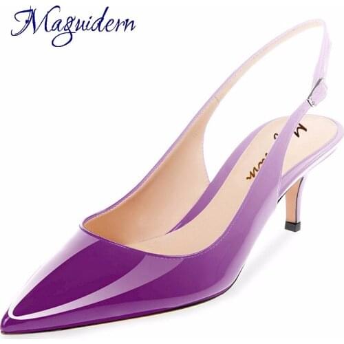 Maguidern Kitten Heel Sandals Patent Leather Pointed Toe Slingback Ankle Metal Buckle Strap Low Heel Shoes