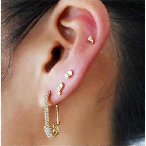 Safety Pin Earrings Crystal Pave Clarity Gold Color Ear Cuff Drop Dangle Jewelry