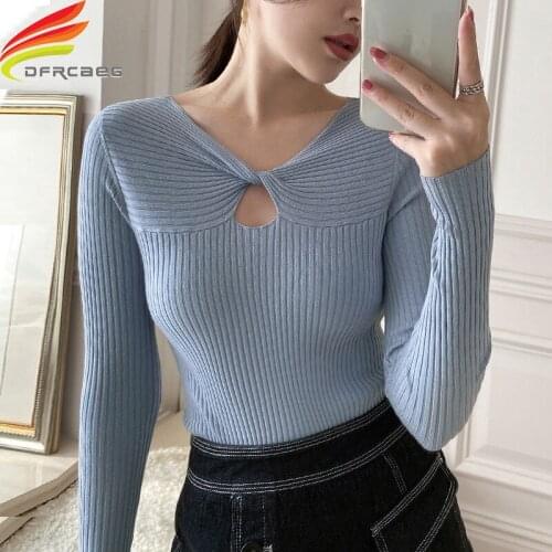 New 2020 Autumn Winter Womens Sweater V-Neck Cross Knitted Long Sleeve Women Pullovers Hollow Out Casual Sexy Wild Top Pull