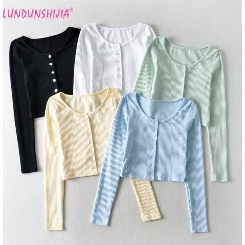 LUNDUNSHIJIA 2021 Spring Summer Kawaii Women Crop Tops Cardigan T Shirt Full-Sleeve Candy Colors Streetwear Female T-shirt