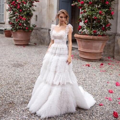 Gorgeous 2019 Spring A Line Wedding Gowns Lace Beach Boho Bride Dress Ruffles Tiered Tulle Chic Vestido de noiva Custom Made