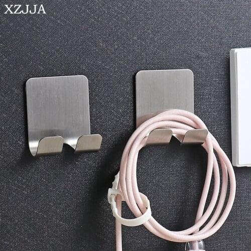 XZJJA Stainless Steel Storage Racks Kitchen Powerful Adhesive Hanger Home Wire Plug Holders Bathroom Organizer Wall Shelf Hooks