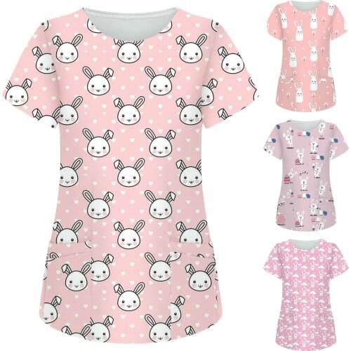 Scrubs Women Uniform Workwear Woman Short Sleeve Tops Working Uniform Easter Rabbit Printed Pocket Blouse медицинская форма q5