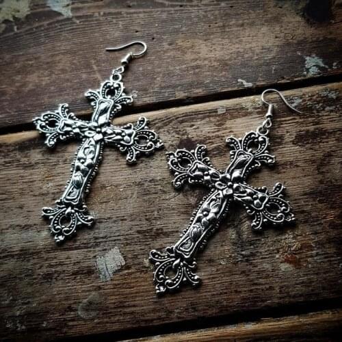 Goth Large Detailed Floral Cross Earrings Silver Color Gothic Punk Jewellery Fashion Gorgeous Statement Women Gift Vintage Trend