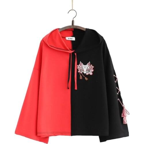 Spring New Japan Style Fox Mask Embroidery Lace-Up Color Matching Long Sleeve Hoodies Women Thin Hooded Sweatshirts 2112969