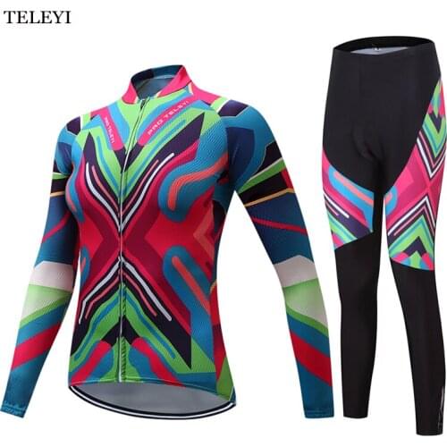 TELEYI Team Womens Pro Cycling Long Sleeve Jersey Bib Pants Ropa Ciclismo Set Girls Bike Bicycle Sportswear Clothing S-4XL