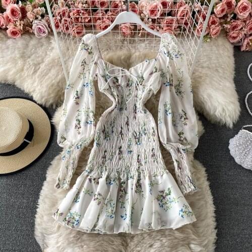 2021 Bohemian Summer Women Mini A-Line Dress Slash Neck White Pink Floral Printed Patchwork Dress Korean Female Ruffles Dresses