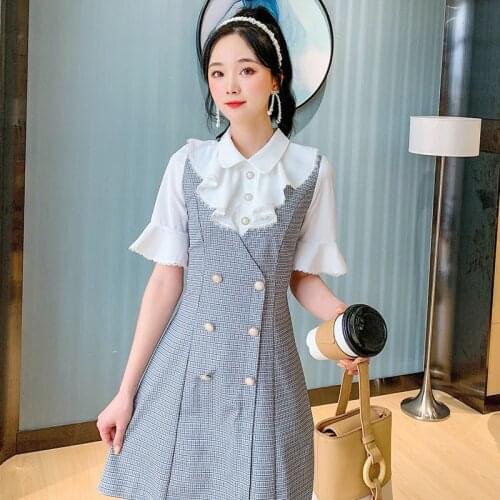 COIGARSAM Ruffles Women one-piece dress korean Summer Patchwork Double Breasted Dresses Black Green Plaid Blue Grid 8872