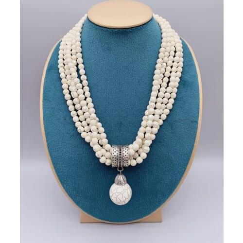 5 Strands Of 6mm Howlite White Turquoise Pendant Necklace Trendy Jewelry For Women and Girls Gifts 19 Inch