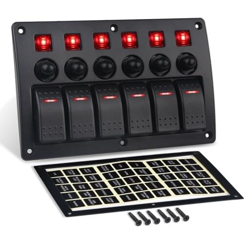 Universal Waterproof 12V-24V On-Off Rocker Switch 6 Gang Overload Protection With Stickers Switch Panel Marine Boat