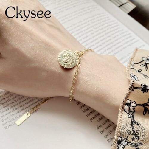 Ckysee 925 Sterling Silver 18K Gold Plated Chic Bracelets Irregular Embossed Head For Women Portrait Coin Charm Bracelets Gift