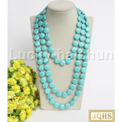 Long natural 70" 15mm round coin fastener turquoises necklace j12206