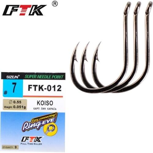 FTK 1 Pack of KOISO Ringed Eyed Circle Fishing Hooks From Japan Carp Fishing High Carbon Steel 6-9 Pcs / Lot Sizes 1 / 0-7