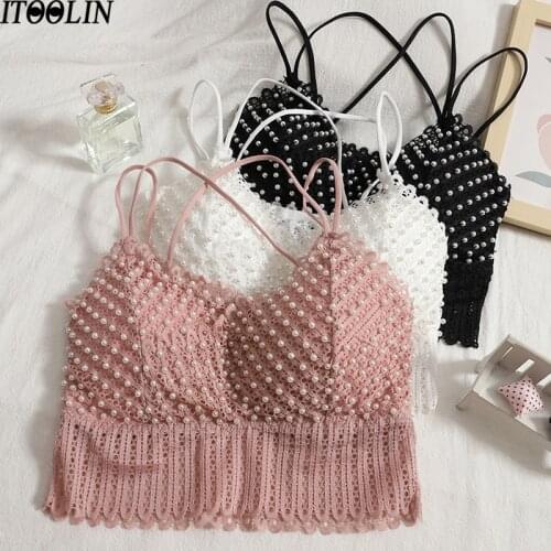 ITOOLIN Pearls ​Bras Camis Womens Hollow Out Bras Push Up Bra Vest Sleeveless Unpadded Bra Solid Peading Camis Backless