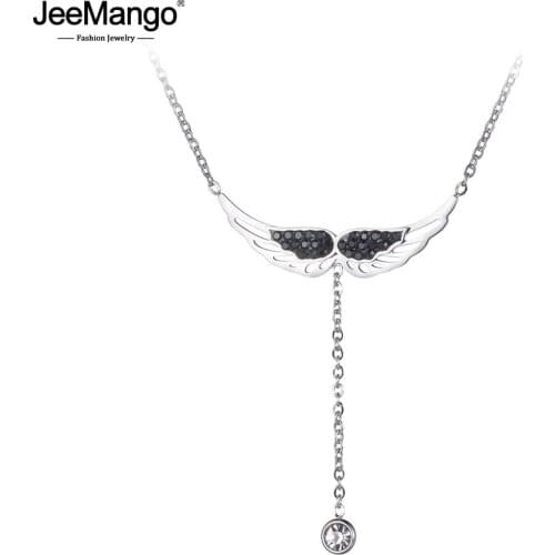 JeeMango Trendy Cubic Zirconia Angel Wings Chokers Necklaces Stainless Steel Rhinestone Pendant Jewelry For Women Girls JN19024
