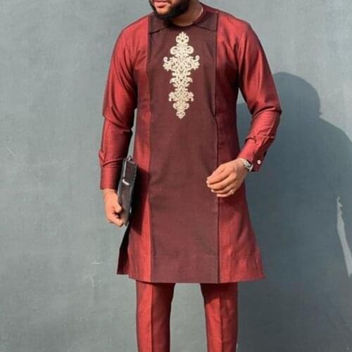 Islamic Mens Long Shirts Muslim Ethnic Straight Red Male Tops Spring Autumn Man Long Sleeve T-shirt African Clothing Ramadan