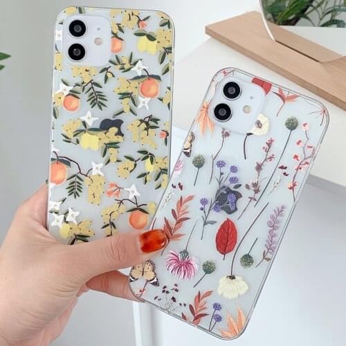 Floral Plant Soft TPU Phone Case For iPhone 12 Mini 11 Pro Max 7 8 Plus X XR XS Max Transparent Printing Orange Leaf Back Cover