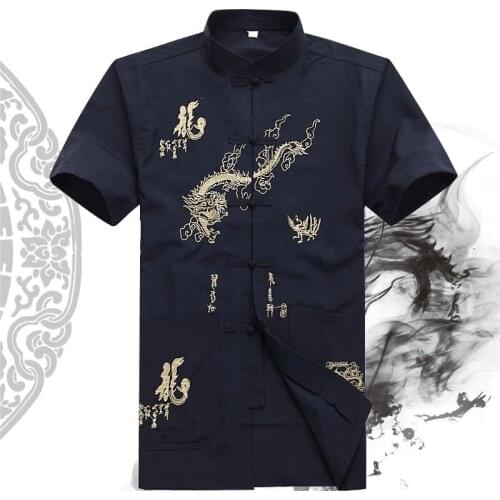New 4 Colors Mens Martial Arts Kung Fu Uniform Short Sleeve Shirt Chinese Style Tang Suit With Dragon Pattern