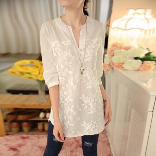 New V-neck Organza Embroidered Shirt White Lace Blouse Top Plus Size Mori Girls Summer Korean Women Blouse Flower Print Blouse
