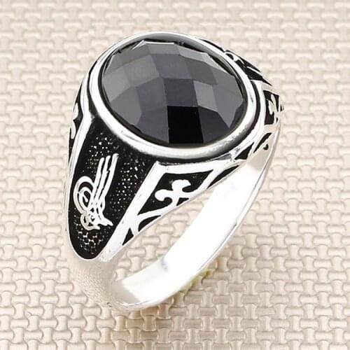 Oxidized Round Black Zircon Stone Men Silver Ring With Ottoman Tugra Motif Solid 925 Sterling Silver