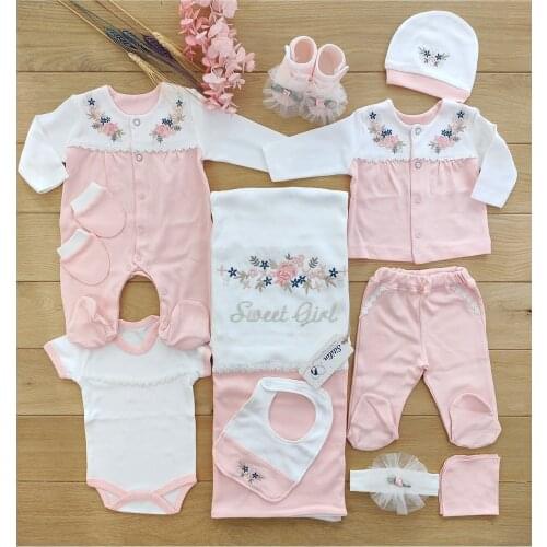 Authentic Baby Girl Pink 10 Piece Hospital Output Natural Embroidered Set Luxury 100 Cotton High Quality