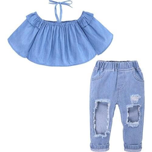 1-7Y Summer Children Girls Off Shoulder Denim Set Clothes Cotton Kids sleeveless blouse Tops+Hole Pants 2pcs Girls Sets