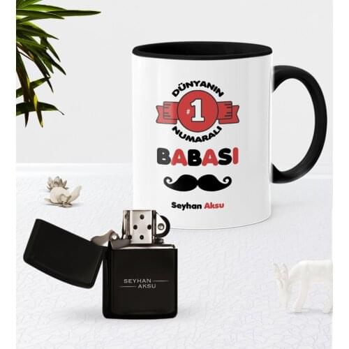 Personalized World 1 Number Father Black Mug Cup Gasoline Lighter Set