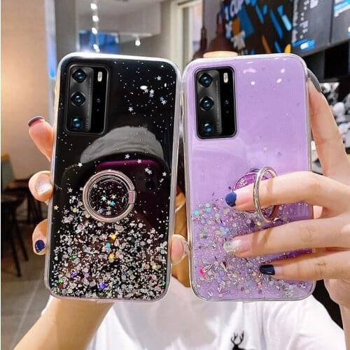 Luxury Ring Bracket Bling Glitter Silicone Phone Case For Huawei P40 P30 P20 P10 Lite Pro Mate 30 20 Ultra-thin Sequins Cover