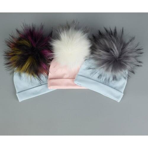 Colorful Faux Raccoon Fur Pompom Beanies Newborn Cotton Soft Bonnet Baby Girl Boy Accessories Hat Warm Child Toddler Hat