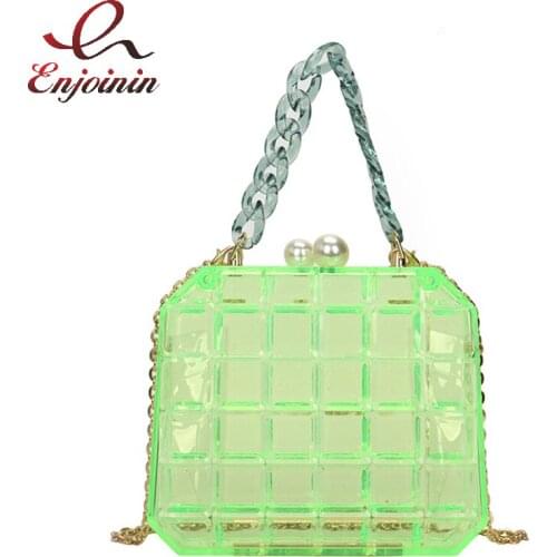 Transparent Acrylic Fashion Box Purses and Handbags for Women Chain Shoulder Bag Plaid Pearl Buckle Party Clutch Designer Bag