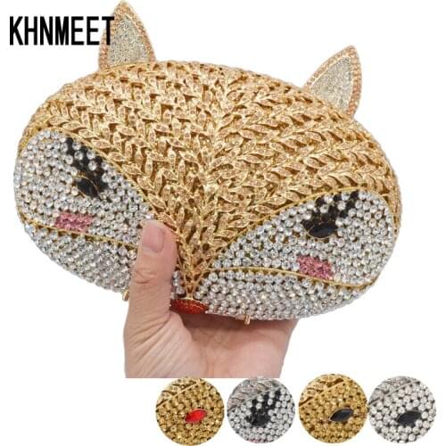 Animal Design Fox Head Golden Crystal Evening Bags Ladies Pouch Wedding Bridal Purse Party Handbags Day Clutches SM24