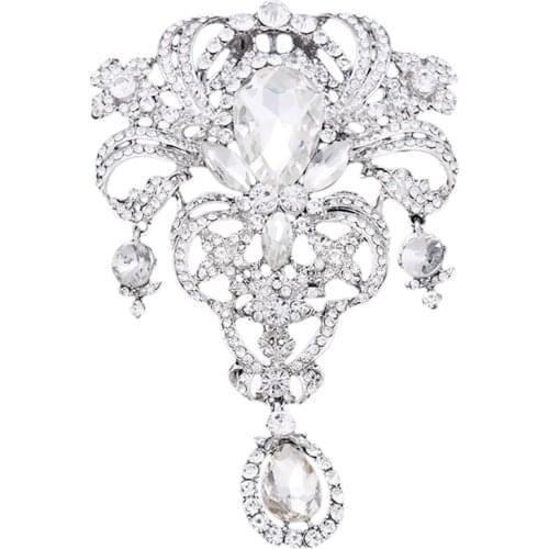 Vintage Gold Silver Color Rhinestone Brooches High Quality Large Size Teardrop Brooch Pins for Bridal Wedding Bouquets Ornament