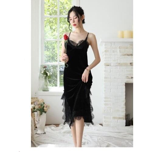 2021Sweet Sleeveless Lace Mesh Patchwork V-neck Sleepwear Sexy Slip Long Dress Four Seasons Women Streetwear Temptation Homewear
