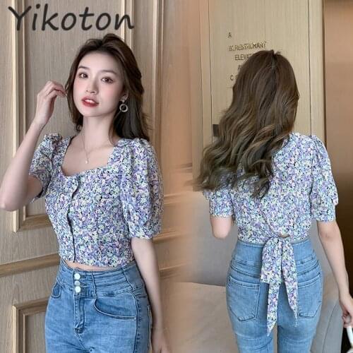 Woman Blouses And Shirts Flower Printed 2021 Casual Slim Short Sleeve Shirt Elegant Chemise Femme Simplee Ladies Fashion Clothes